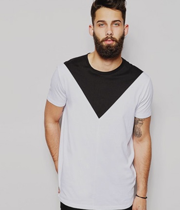 model posing with white t-shirt with black chevron