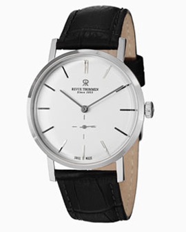 luxury watch with dark strap and white face
