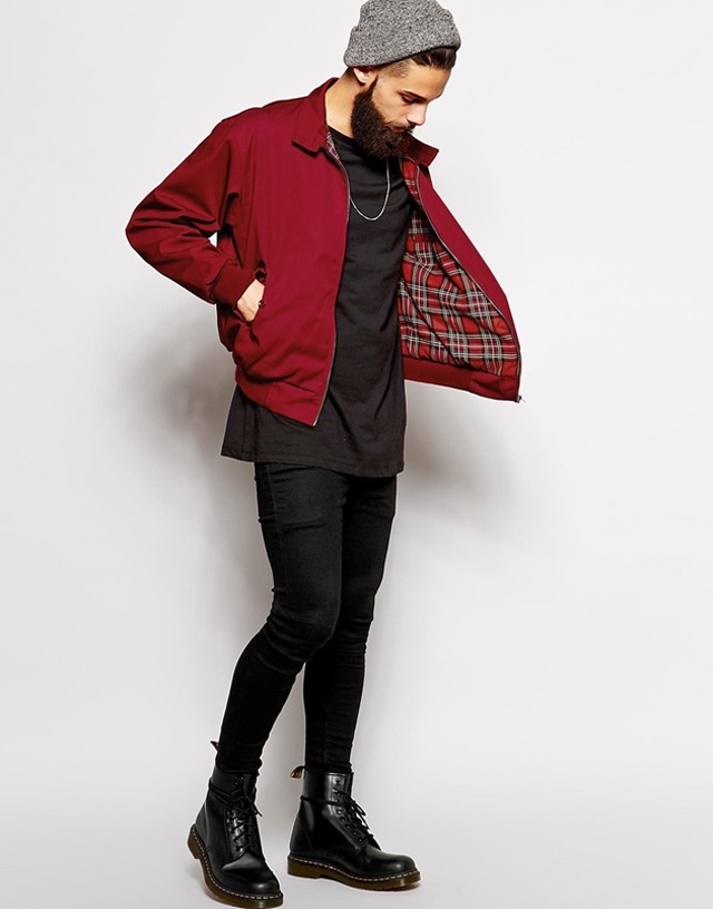 model posing with red jacket, black tshirt, black jeans and black boots